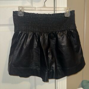 TCEC black leather smocked waist shorts